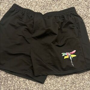 Like New Black and Red Athletic Shorts with Dragonfly Embroidery
